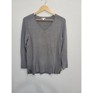 J Jill Grey V Neck Long Sleeve Ribbed Hem Sweater Knit Top Women's Medium